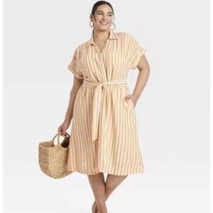 Ava & Viv Linen Rayon Short Sleeve Midi Shirt Dress Yellow White Striped 2X NWT